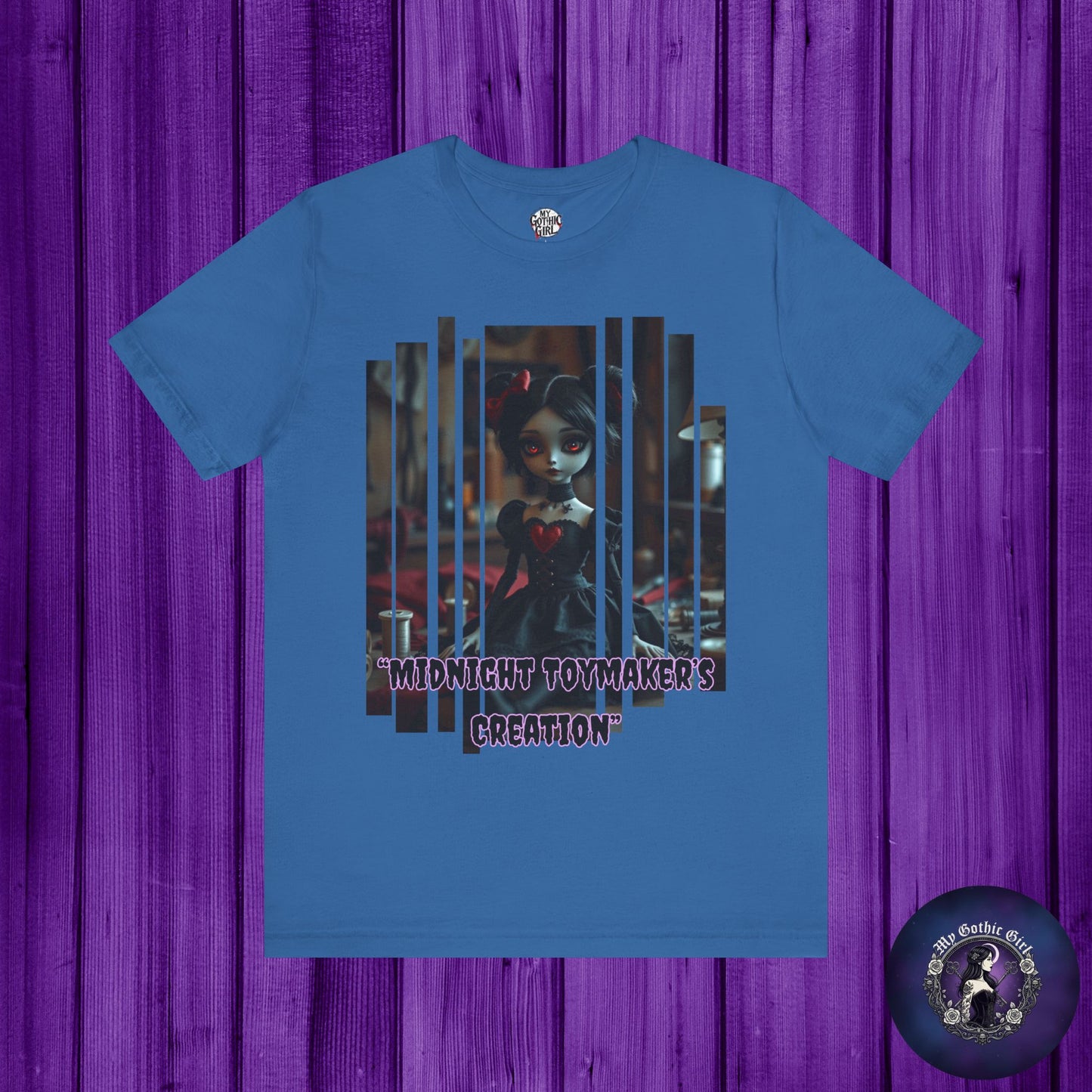 “Midnight Toy-maker's Creation” —hand-stitched Gothic doll Graphic T-Shirt – Alt Aesthetic Poetic Goth Street-wear