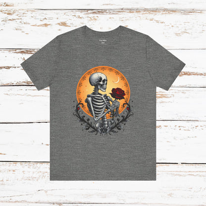 Mystical Gothic Skeleton and Black Rose Under Crescent Moon T-Shirt Design