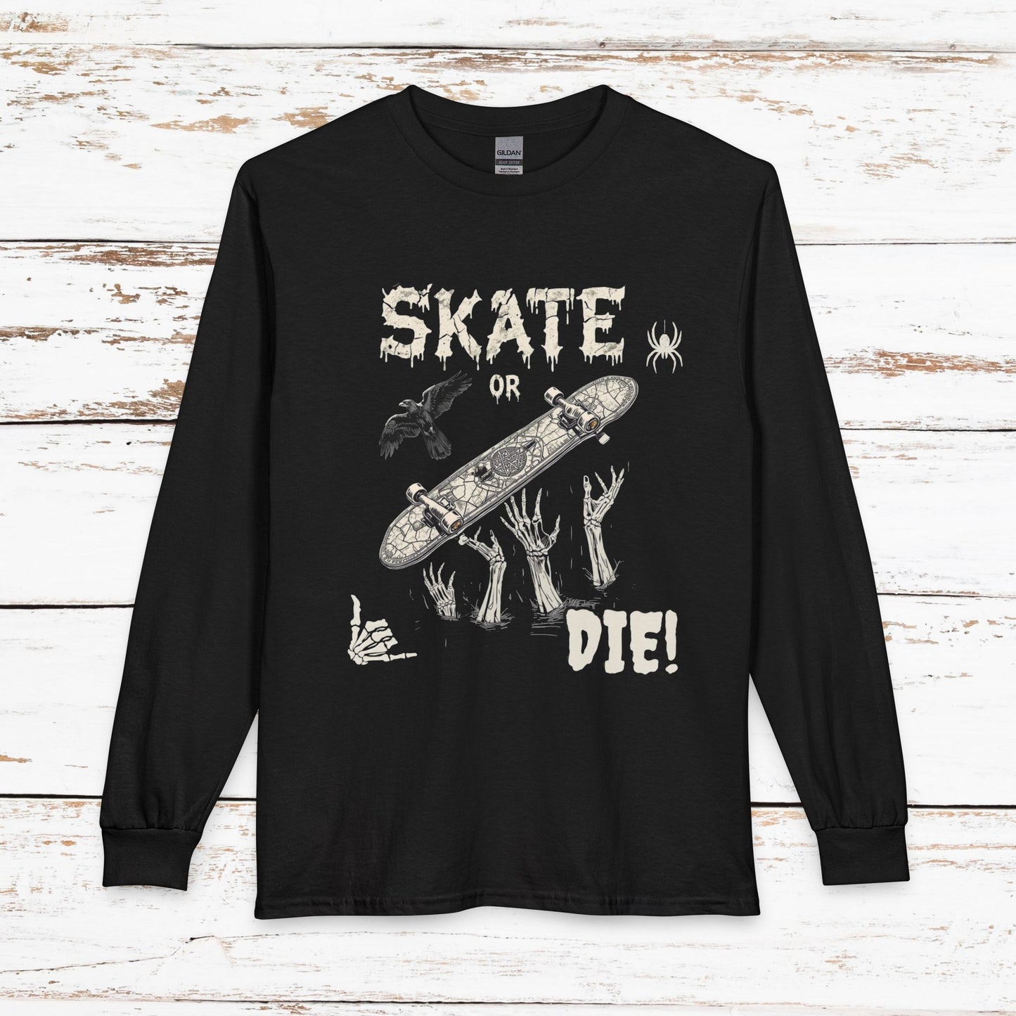 Skate or Die Long Sleeve Shirt — Gothic Skull Skateboard Tee
