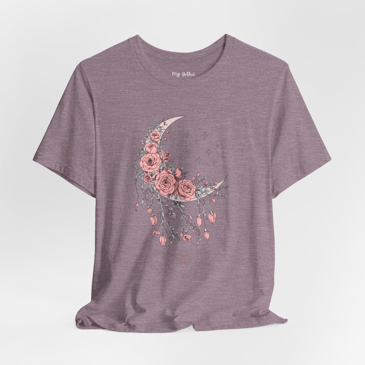 Celestial Goth Crescent Moon Tee with Dripping Florals – Mystic Graphic Art