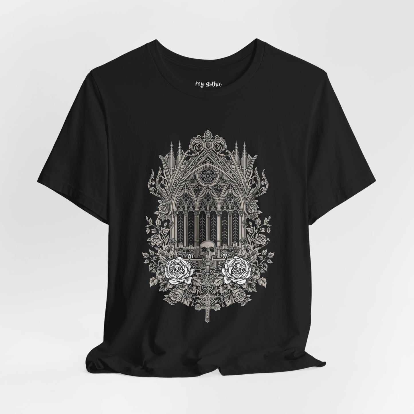 Gothic Cathedral Floral Tee — Intricate Rose Window Graphic T-Shirt