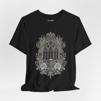 Gothic Cathedral Floral Tee — Intricate Rose Window Graphic T-Shirt