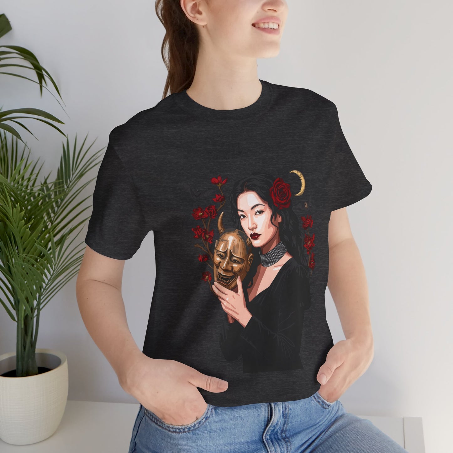 Gothic Rose Maiden Tee — Woman with Mask & Crescent Moon Graphic T-Shirt