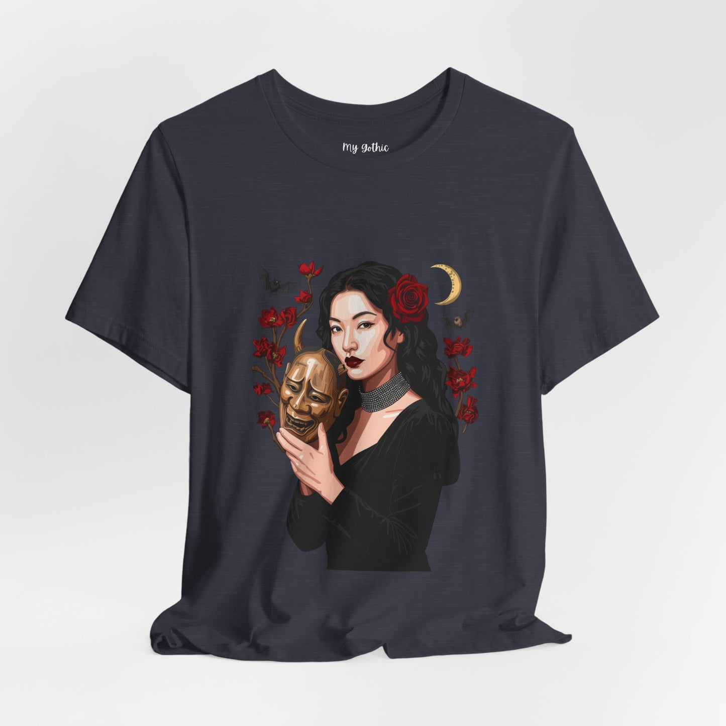 Gothic Rose Maiden Tee — Woman with Mask & Crescent Moon Graphic T-Shirt