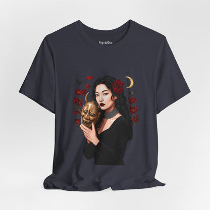 Gothic Rose Maiden Tee — Woman with Mask & Crescent Moon Graphic T-Shirt