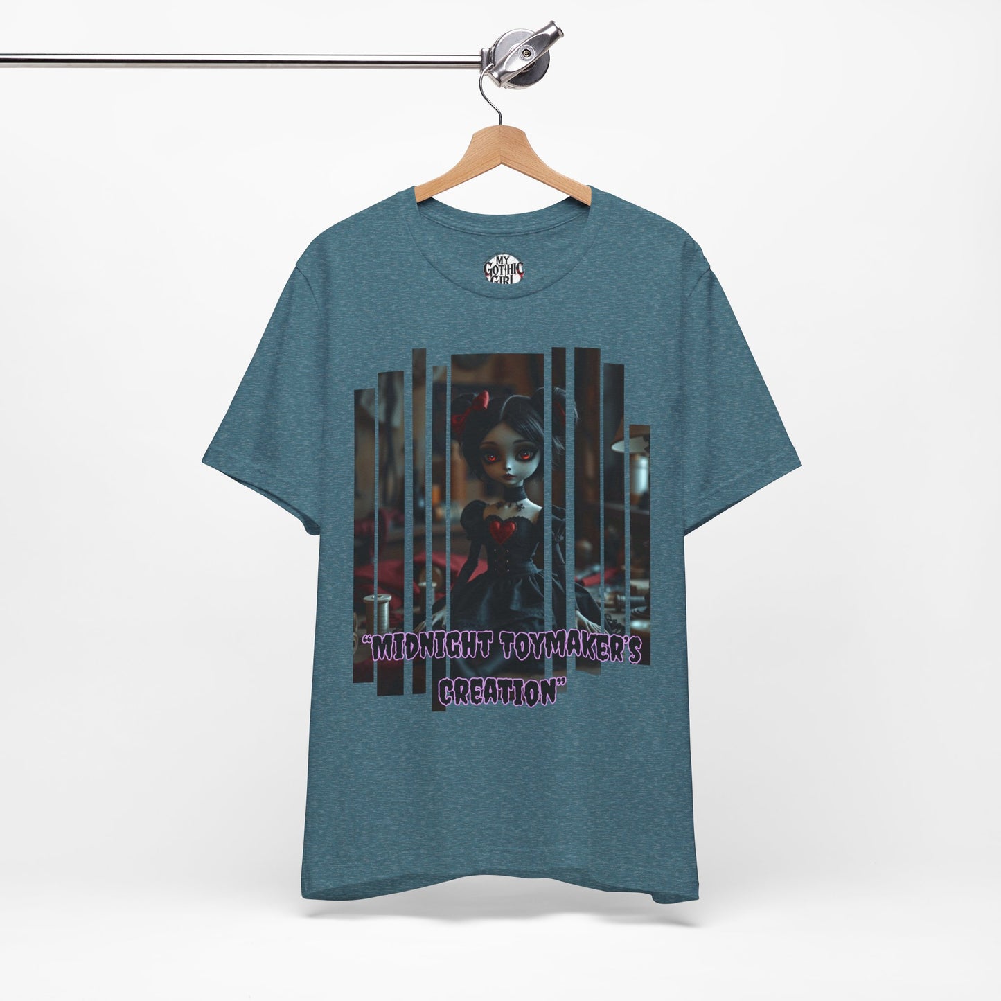 “Midnight Toy-maker's Creation” —hand-stitched Gothic doll Graphic T-Shirt – Alt Aesthetic Poetic Goth Street-wear