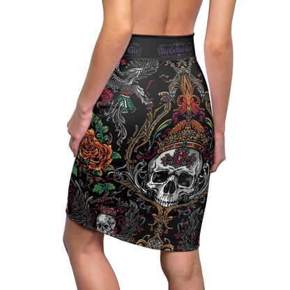 Gothic Skull Crown Pencil Skirt — 'My Gothic Girl' Dark Floral Skull Print
