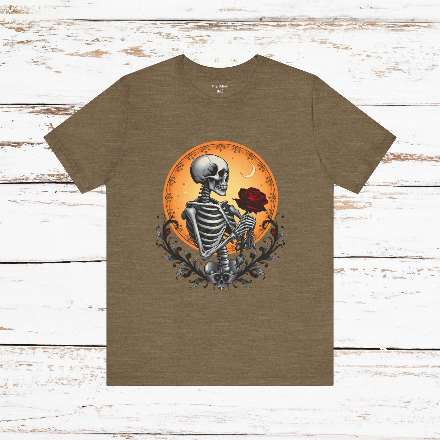 Mystical Gothic Skeleton and Black Rose Under Crescent Moon T-Shirt Design