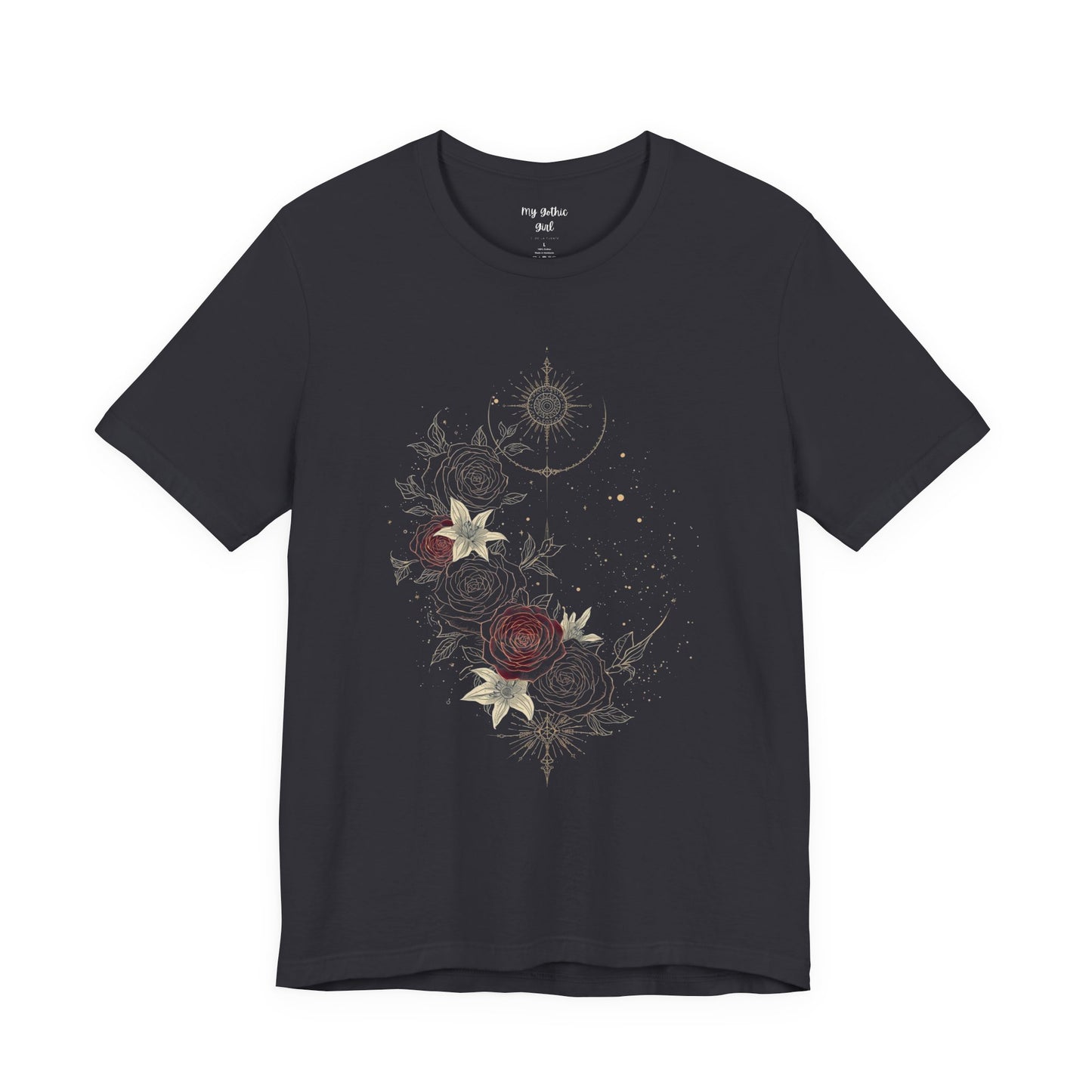 “Dark Floral Moon & Ornamental Geometry” T-Shirt Dark Floral Moon Ornamental Geometry Unisex Jersey Short Sleeve Tee