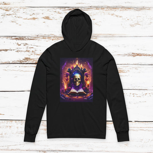 Skull & Spellbook Hooded Long Sleeve Tee — Gothic Witchcraft Graphic Tee