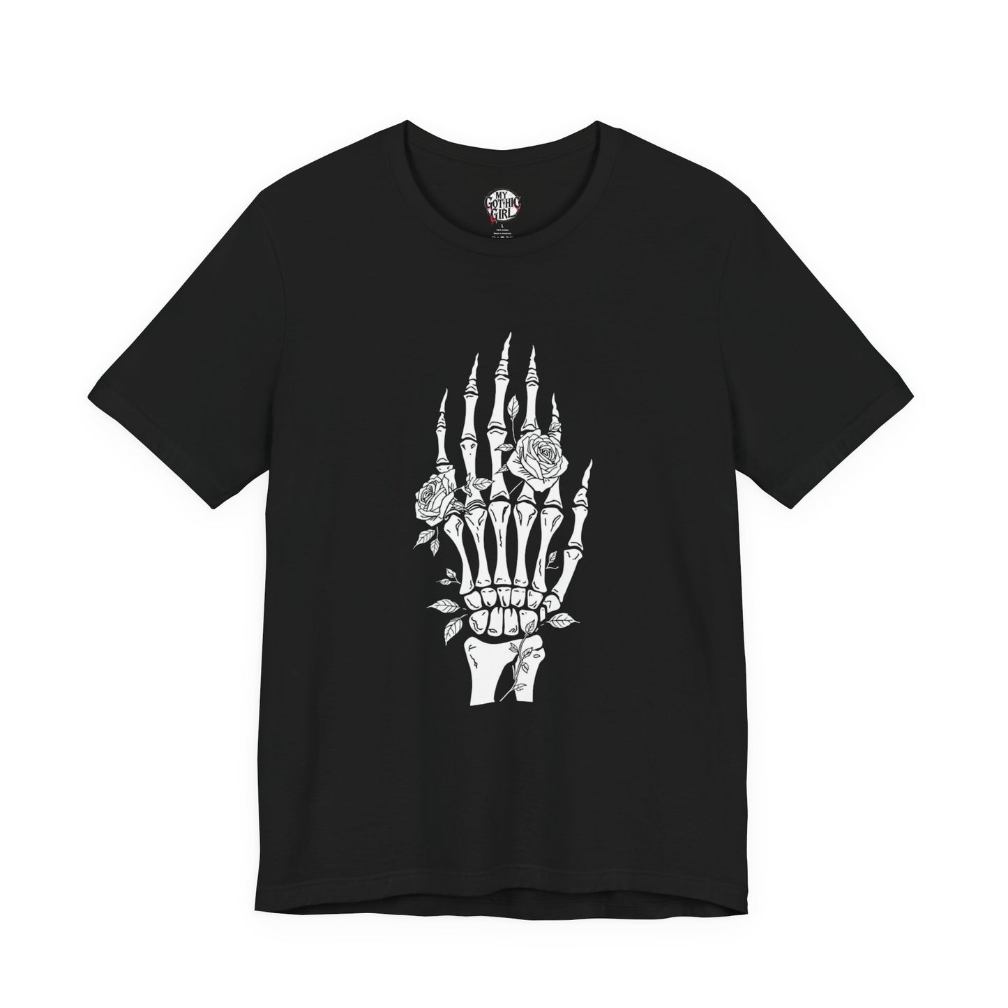 White Roses and Skeleton Hand  Gothic Graphic T-Shirt – Alt Aesthetic Poetic Goth Streetwear
