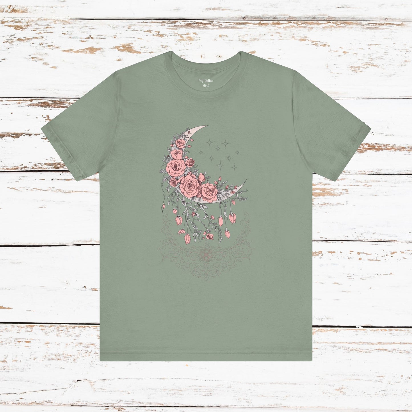 Celestial Goth Crescent Moon Tee with Dripping Florals – Mystic Graphic Art