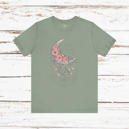 Celestial Goth Crescent Moon Tee with Dripping Florals – Mystic Graphic Art