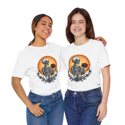 Mystical Gothic Skeleton and Black Rose Under Crescent Moon T-Shirt Design