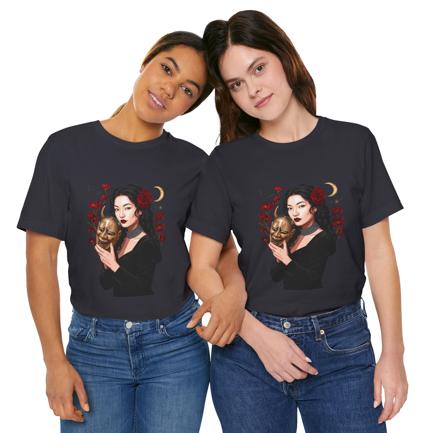 Gothic Rose Maiden Tee — Woman with Mask & Crescent Moon Graphic T-Shirt