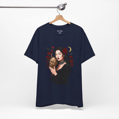 Gothic Rose Maiden Tee — Woman with Mask & Crescent Moon Graphic T-Shirt