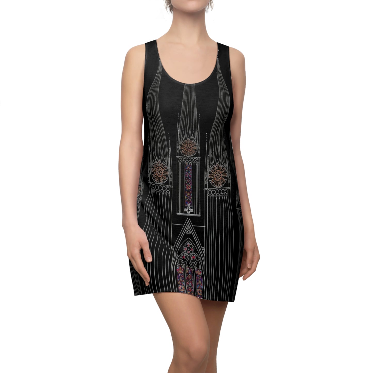 Gothic Cathedral Racerback Dress — Stained Glass Black AOP