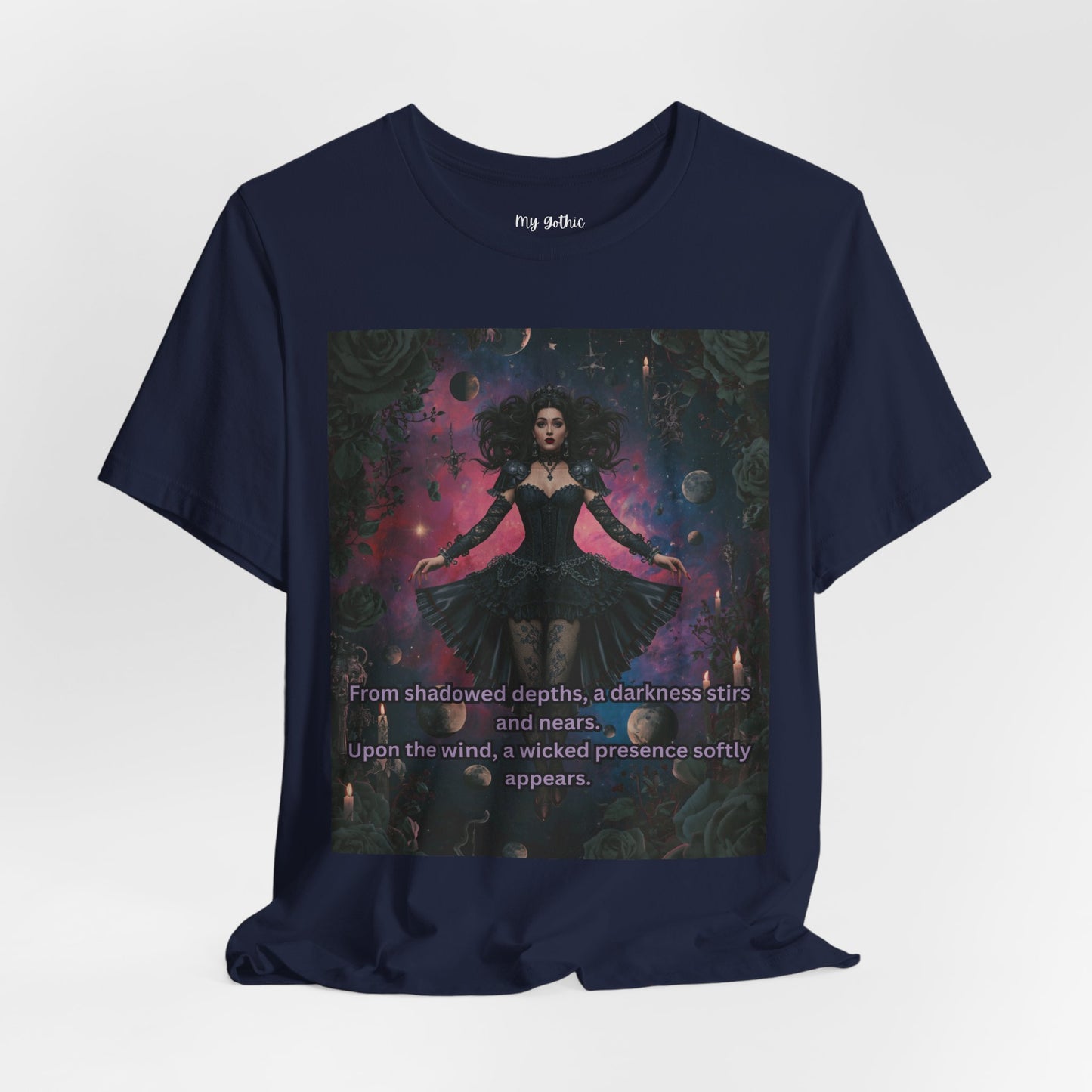 Gothic Sorceress Tee — "From shadowed depths..." Dark Fantasy Graphic T-Shirt