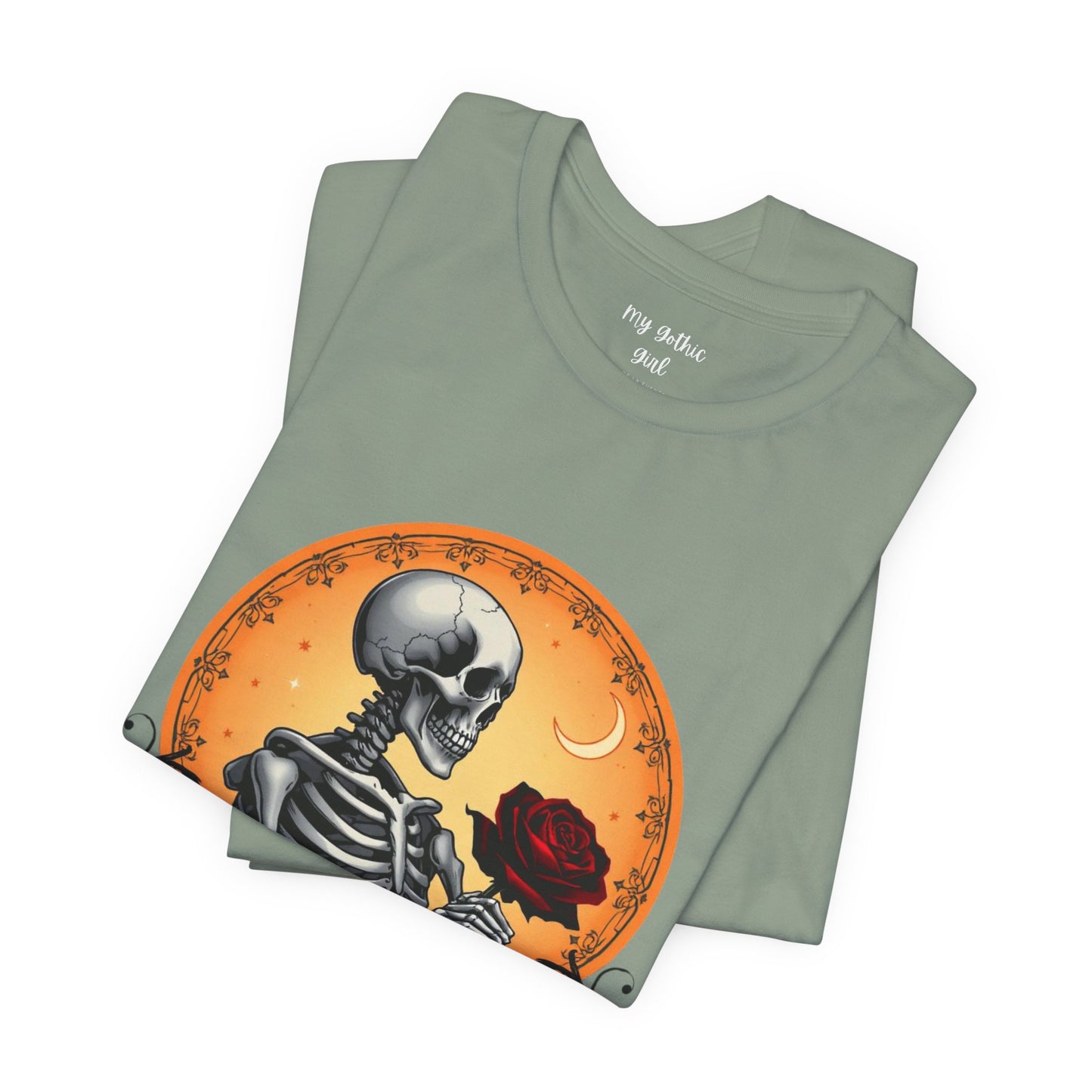 Mystical Gothic Skeleton and Black Rose Under Crescent Moon T-Shirt Design