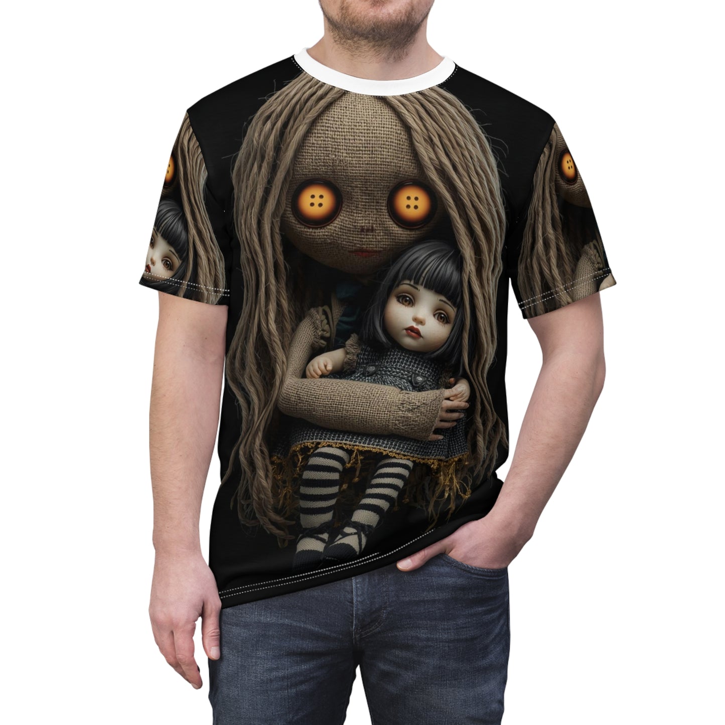 Gunny Sack Doll with Toy Gothic Doll | Horror All-Over Print T‑Shirt