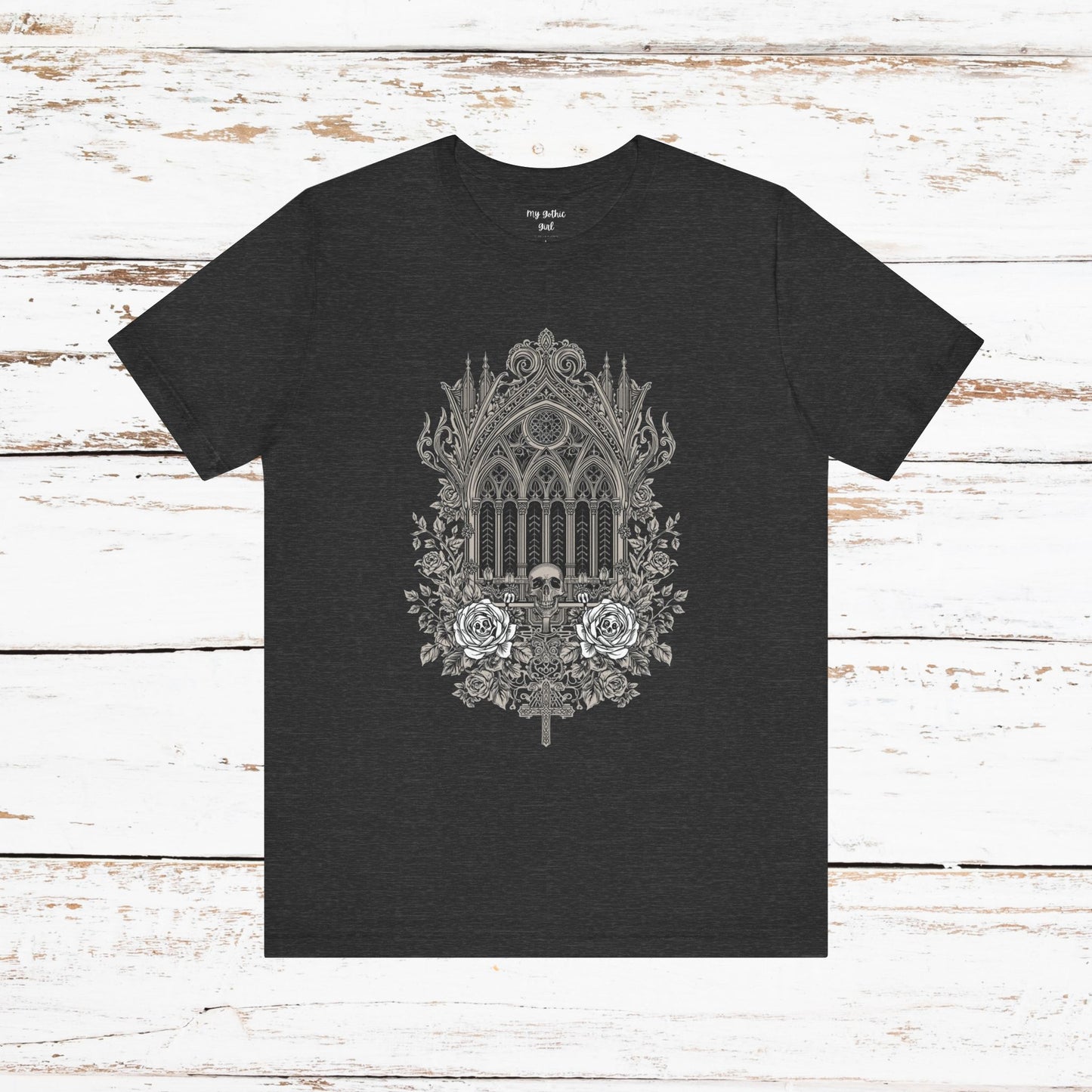 Gothic Cathedral Floral Tee — Intricate Rose Window Graphic T-Shirt