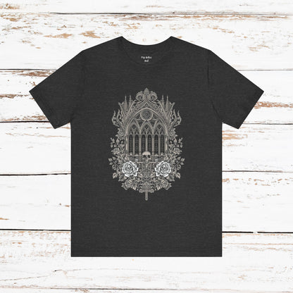 Gothic Cathedral Floral Tee — Intricate Rose Window Graphic T-Shirt