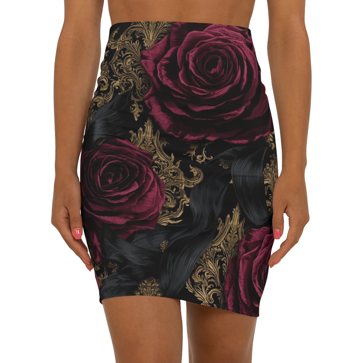 Baroque Rose Pencil Skirt — Floral Gothic Mid‑Waist Fashion