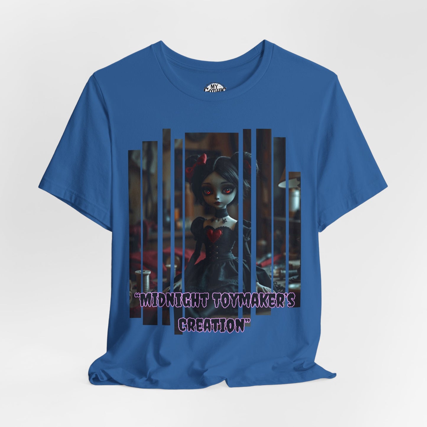 “Midnight Toy-maker's Creation” —hand-stitched Gothic doll Graphic T-Shirt – Alt Aesthetic Poetic Goth Street-wear