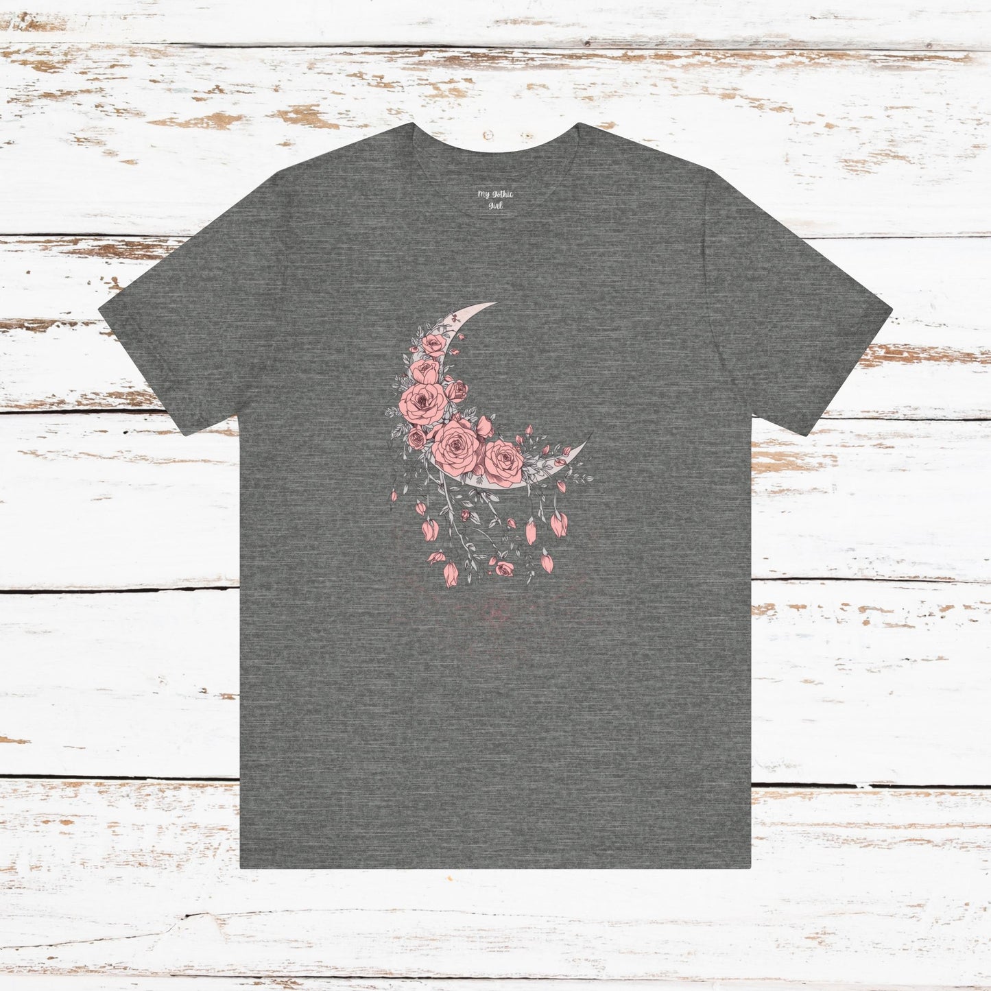 Celestial Goth Crescent Moon Tee with Dripping Florals – Mystic Graphic Art