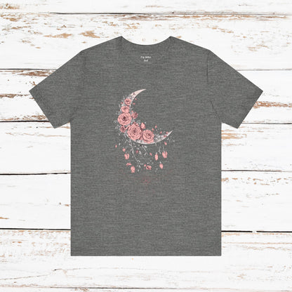 Celestial Goth Crescent Moon Tee with Dripping Florals – Mystic Graphic Art