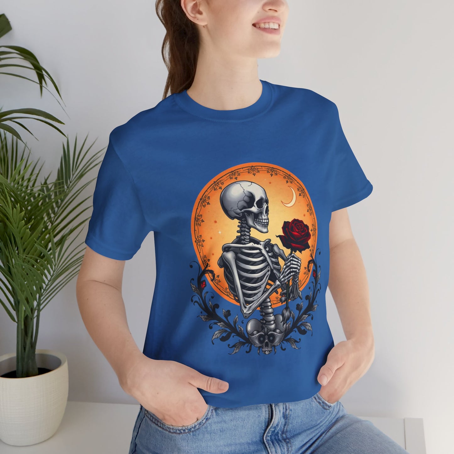 Mystical Gothic Skeleton and Black Rose Under Crescent Moon T-Shirt Design