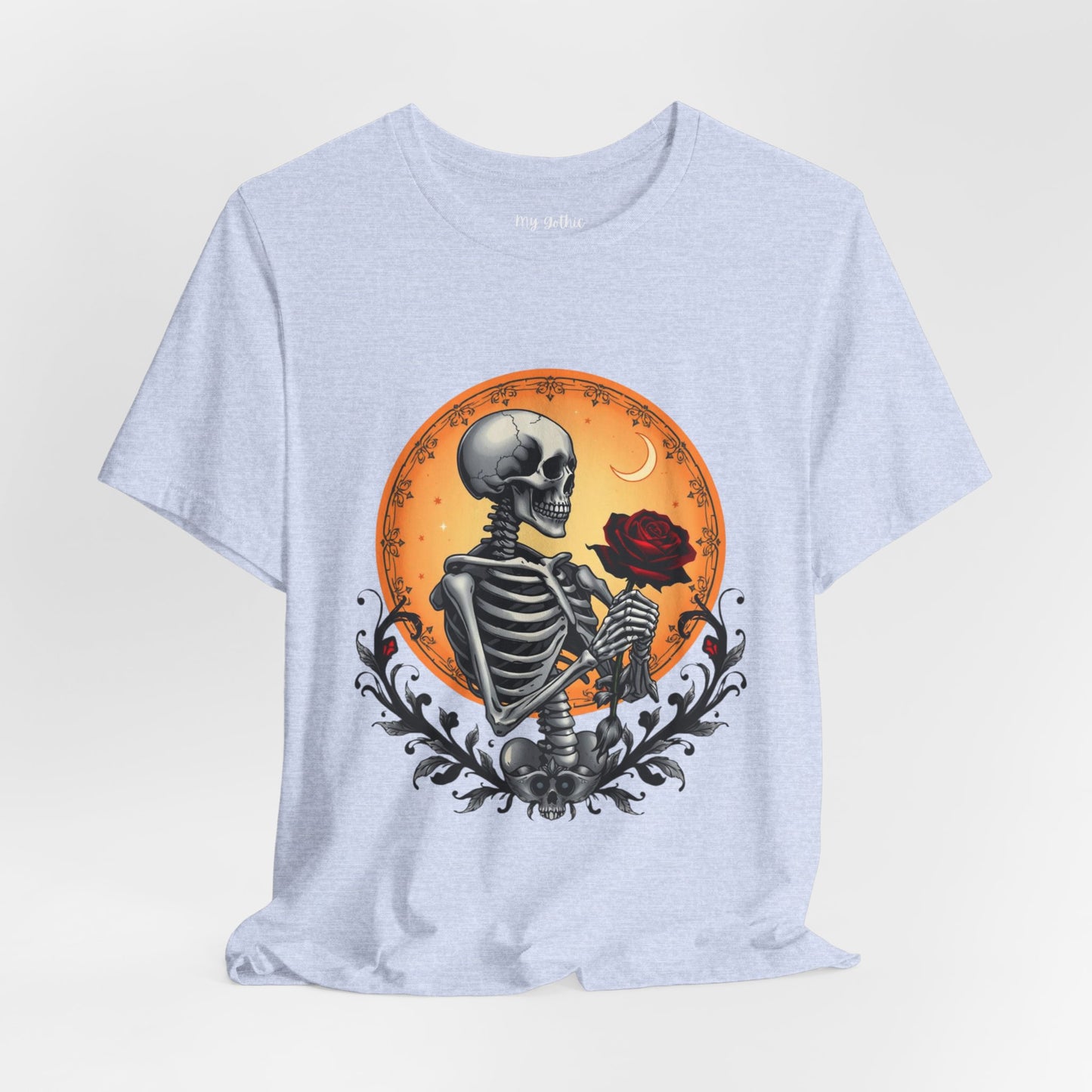 Mystical Gothic Skeleton and Black Rose Under Crescent Moon T-Shirt Design