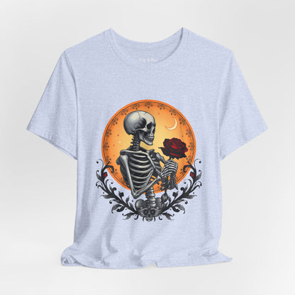 Mystical Gothic Skeleton and Black Rose Under Crescent Moon T-Shirt Design