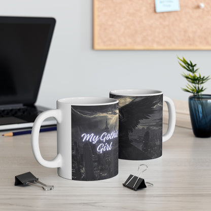 Gothic Angel Ceramic Mug — Moody Cityscape Memorial Coffee Cup (11oz/15oz)