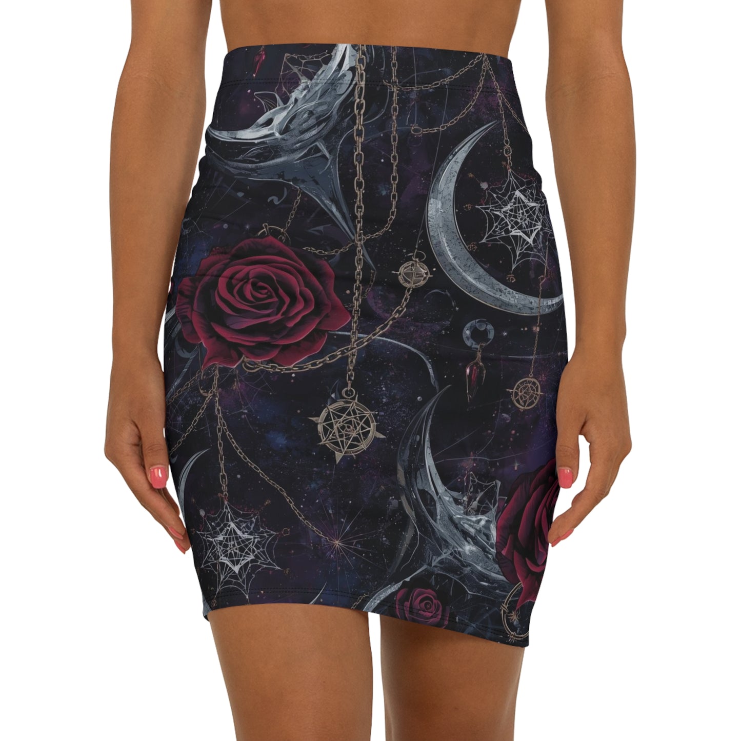 Mystic Moon & Rose Pencil Skirt — Gothic Celestial Floral Print