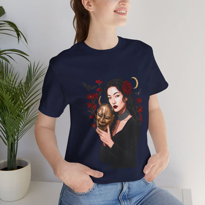 Gothic Rose Maiden Tee — Woman with Mask & Crescent Moon Graphic T-Shirt