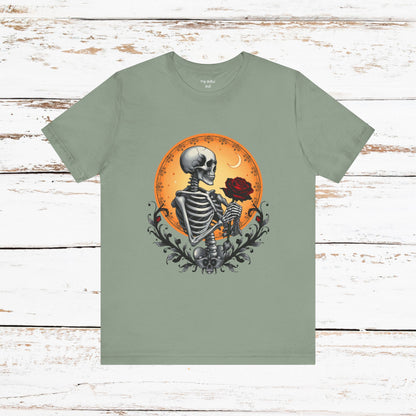 Mystical Gothic Skeleton and Black Rose Under Crescent Moon T-Shirt Design