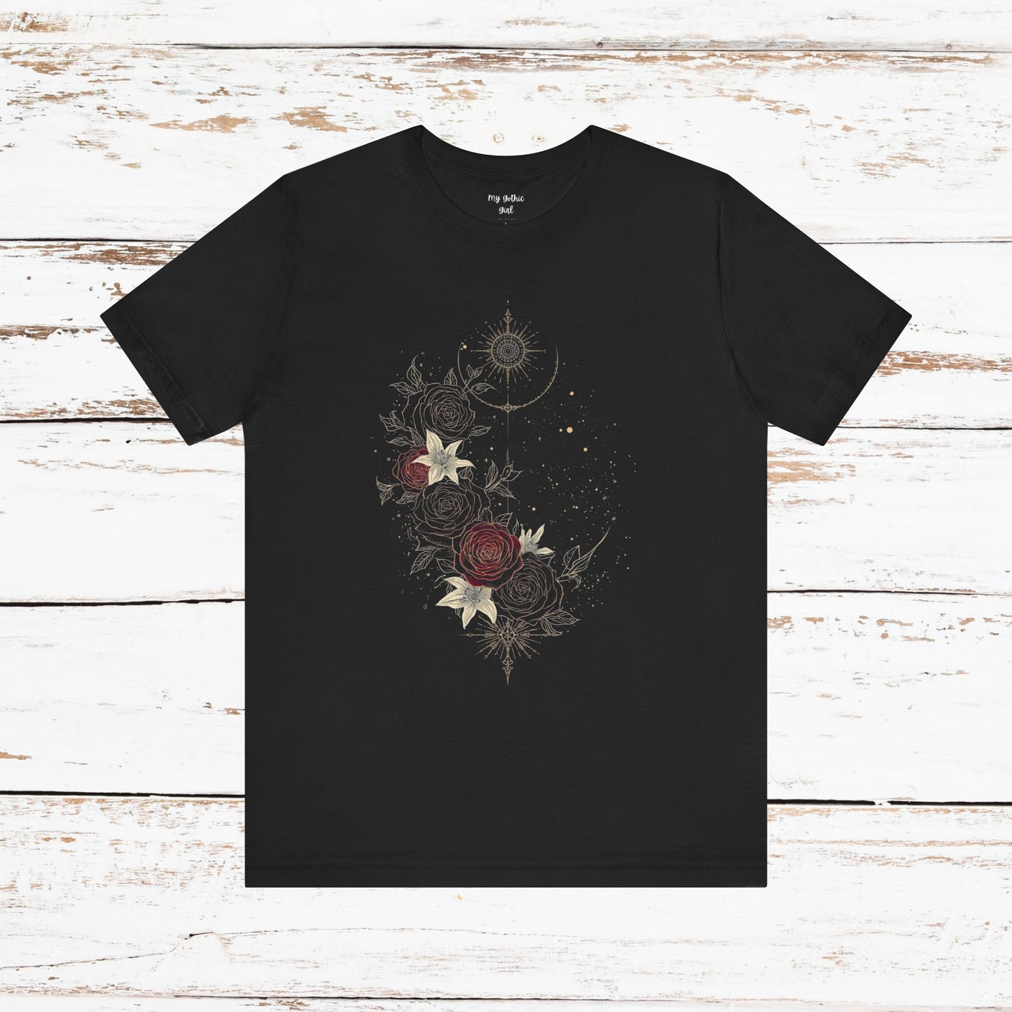 “Dark Floral Moon & Ornamental Geometry” T-Shirt Dark Floral Moon Ornamental Geometry Unisex Jersey Short Sleeve Tee