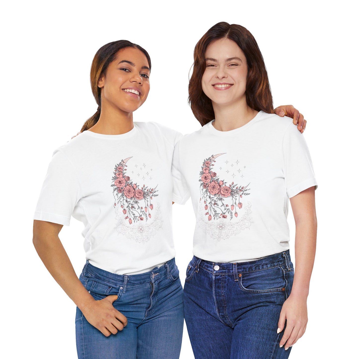 Celestial Goth Crescent Moon Tee with Dripping Florals – Mystic Graphic Art