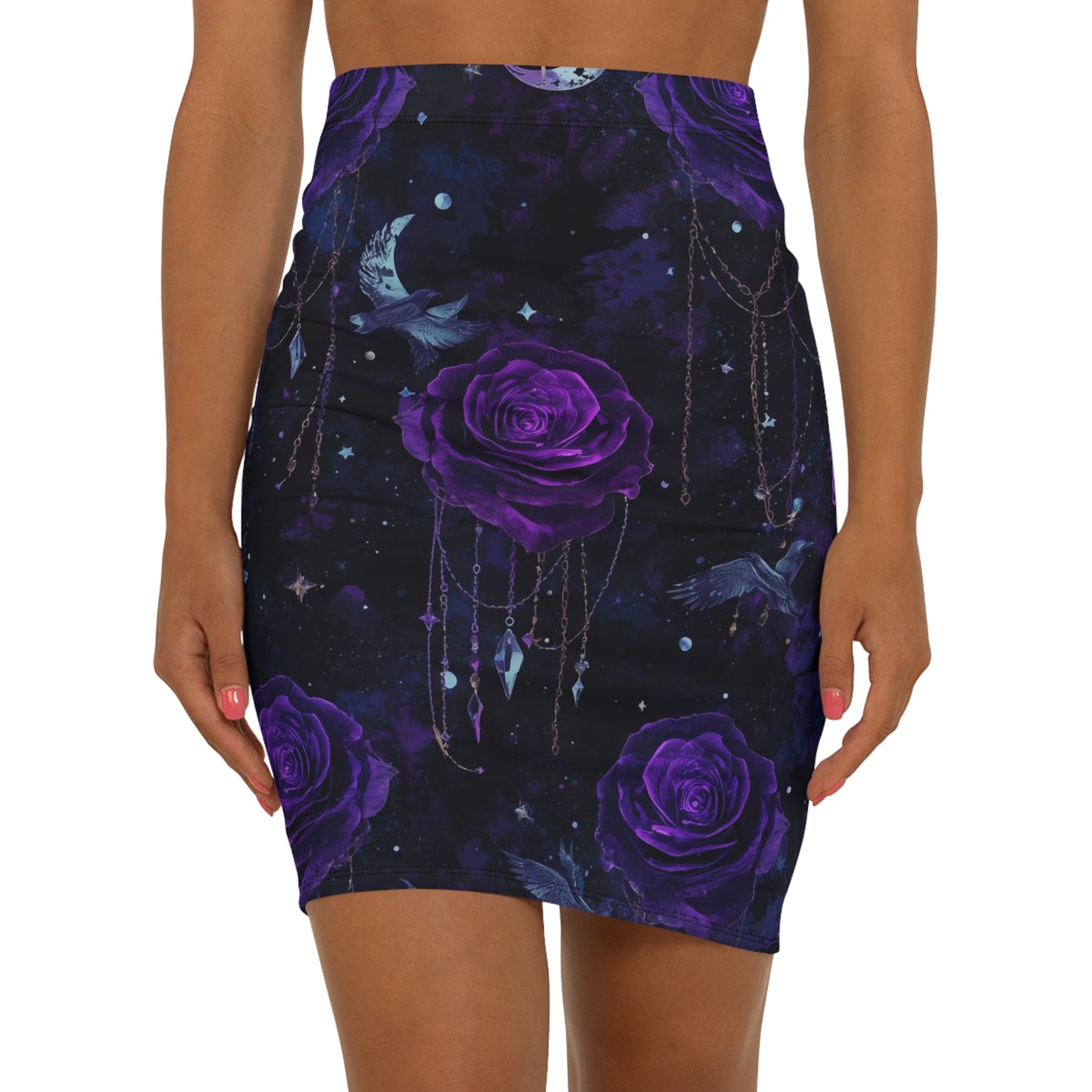 Purple Rose Moon Pencil Skirt — Gothic Floral Night Sky Midi