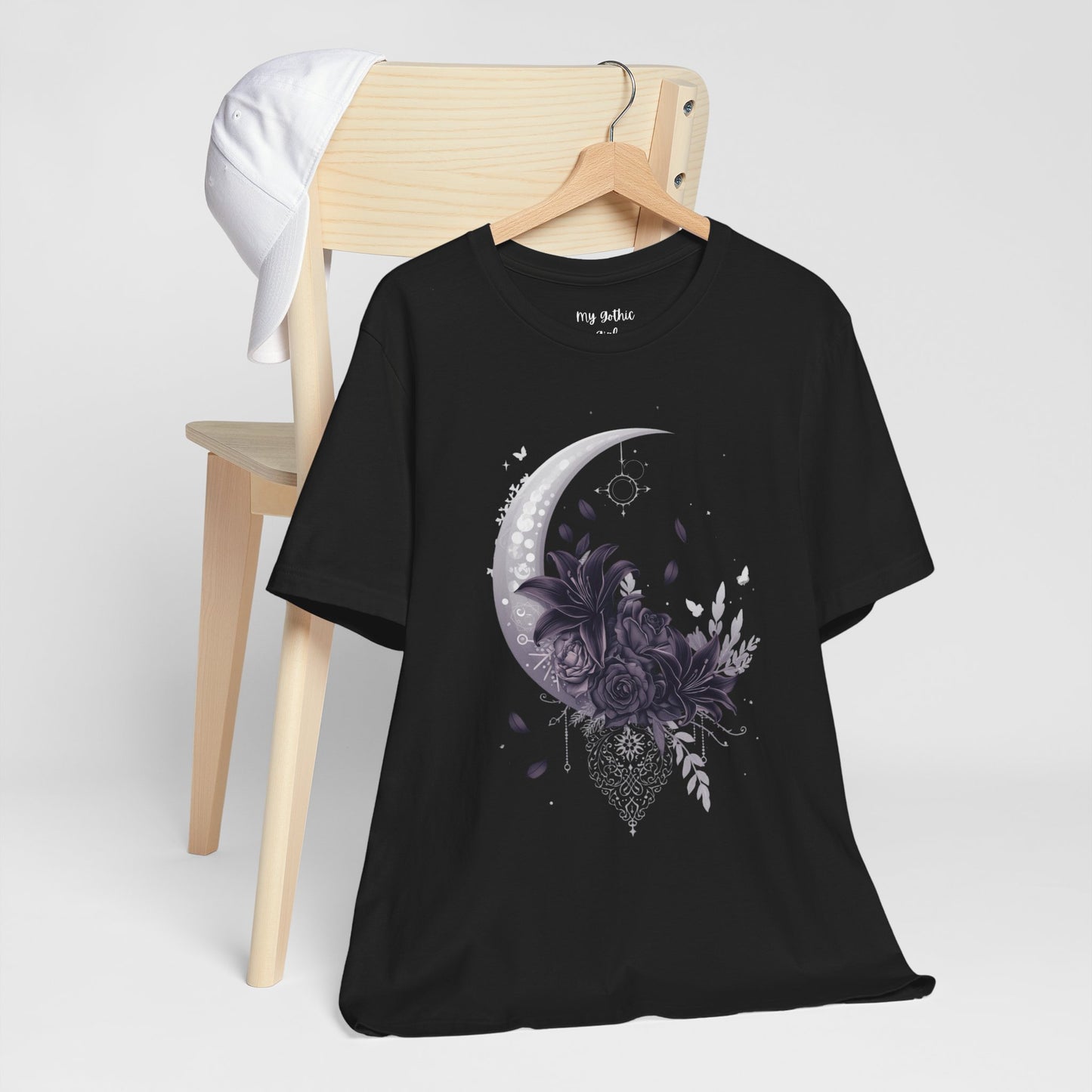 “Moonlit Bouquet & Sacred Soft Goth Symbol” Moonlit Bouquet Unisex Tee - Soft Goth Symbol Floral Design