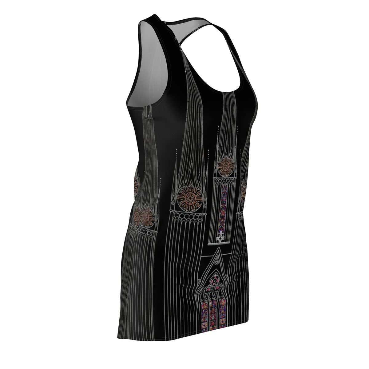 Gothic Cathedral Racerback Dress — Stained Glass Black AOP