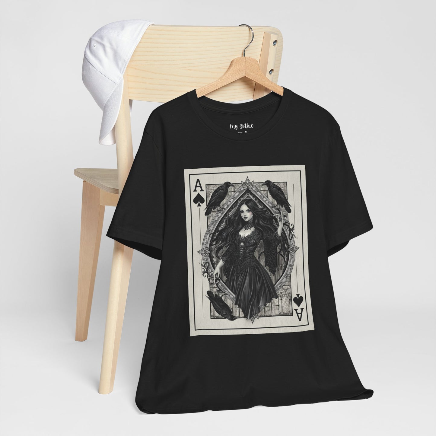 Ace of Spades Gothic Playing Card T‑Shirt — Dark Victorian Witch Illustration