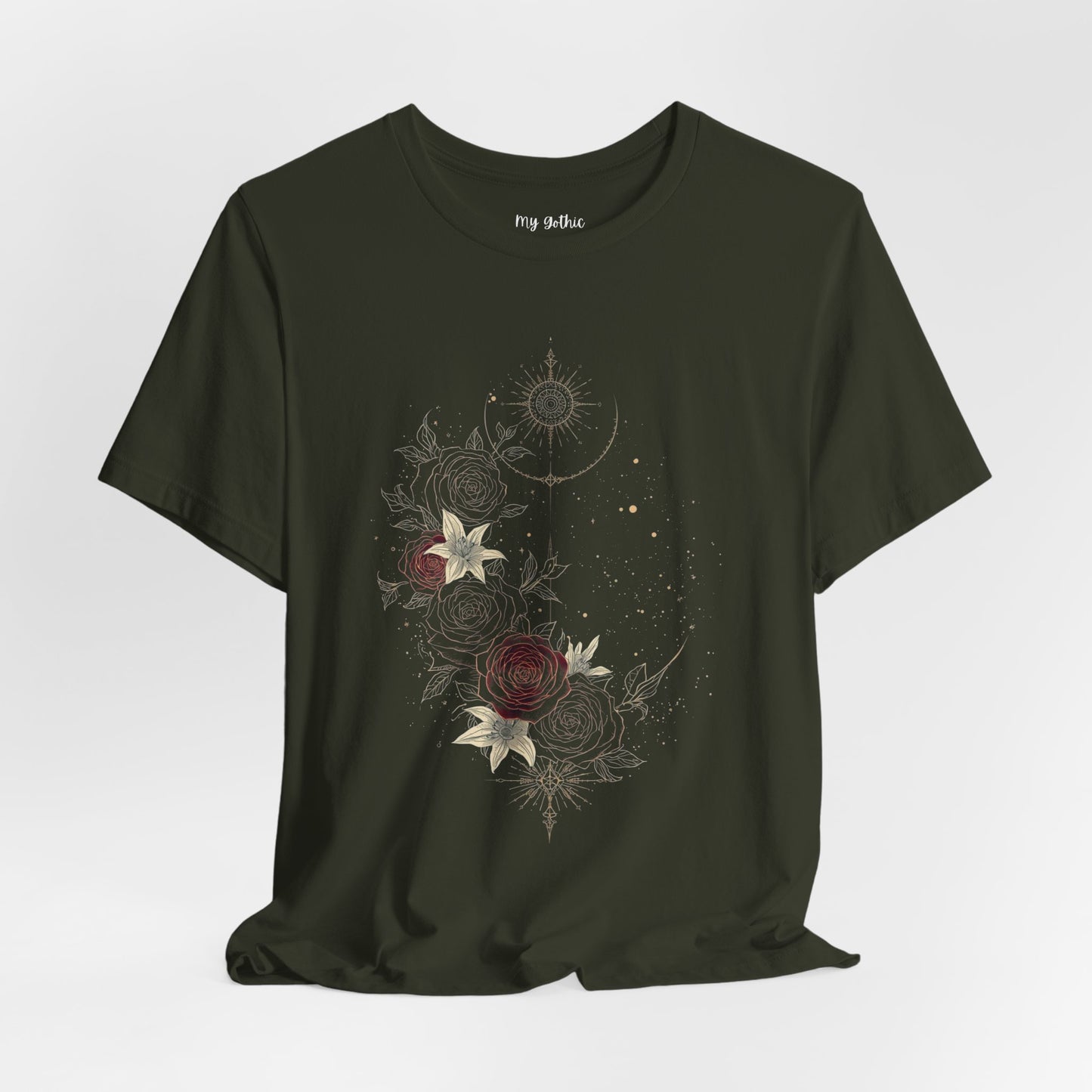 “Dark Floral Moon & Ornamental Geometry” T-Shirt Dark Floral Moon Ornamental Geometry Unisex Jersey Short Sleeve Tee