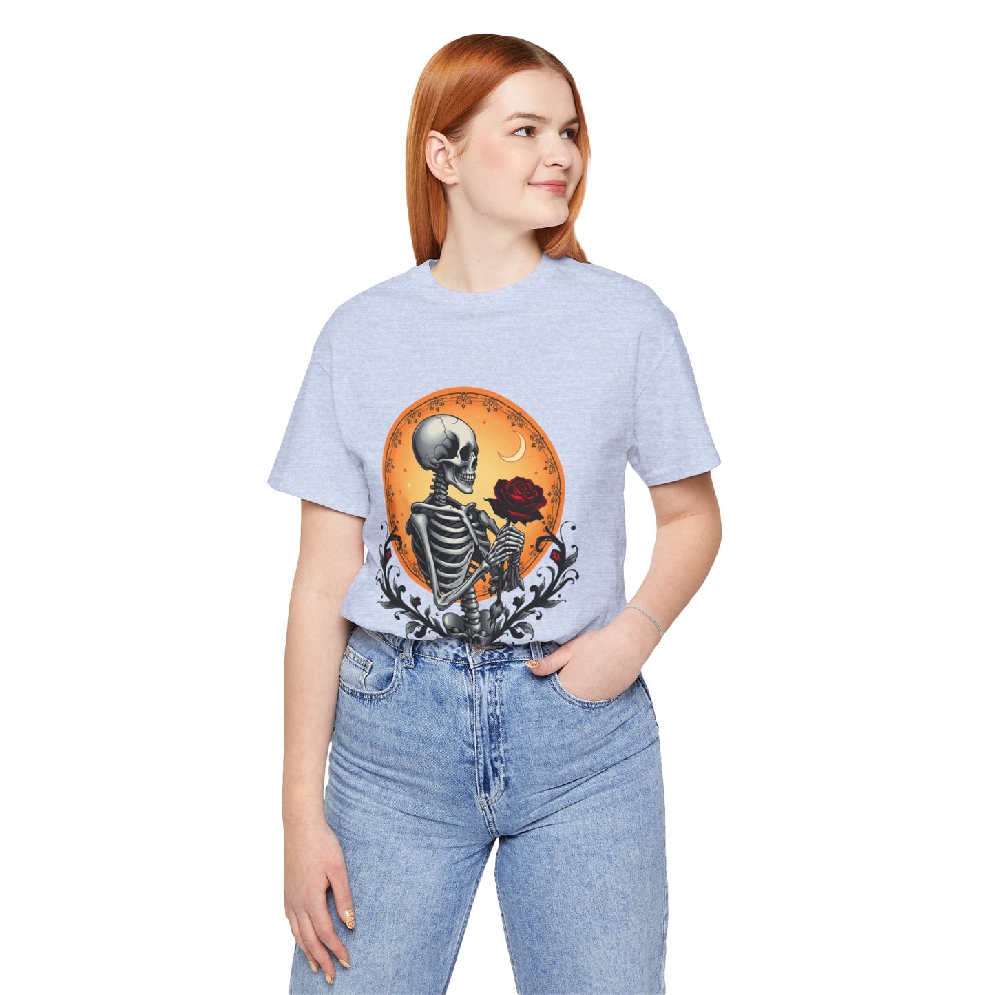 Mystical Gothic Skeleton and Black Rose Under Crescent Moon T-Shirt Design