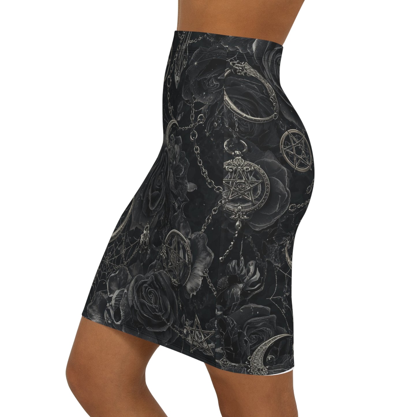 Gothic Rose & Pentagram Pencil Skirt — Black Moon Floral Midi