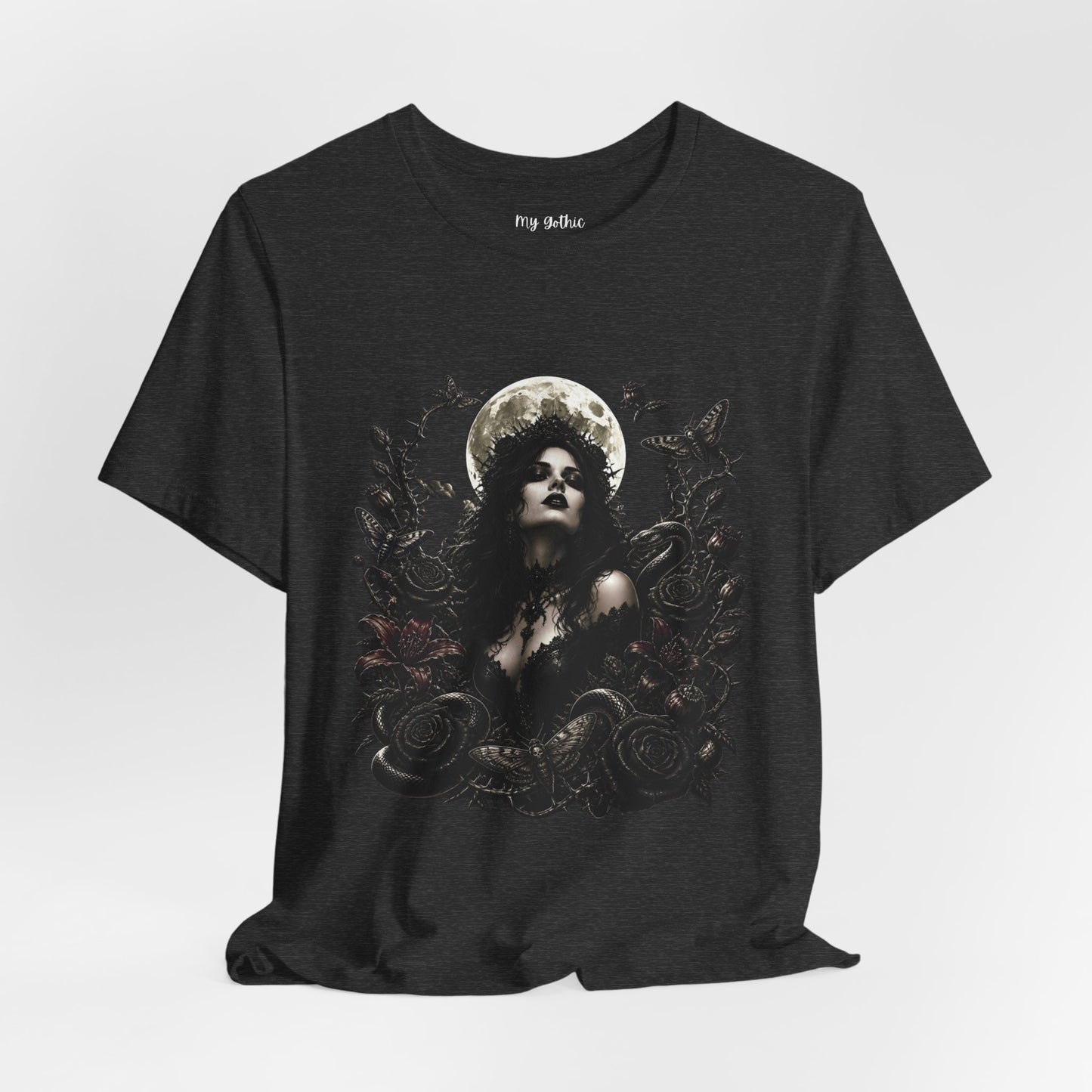 Gothic Moon Goddess Tee – Dark Floral Occult Graphic T-Shirt