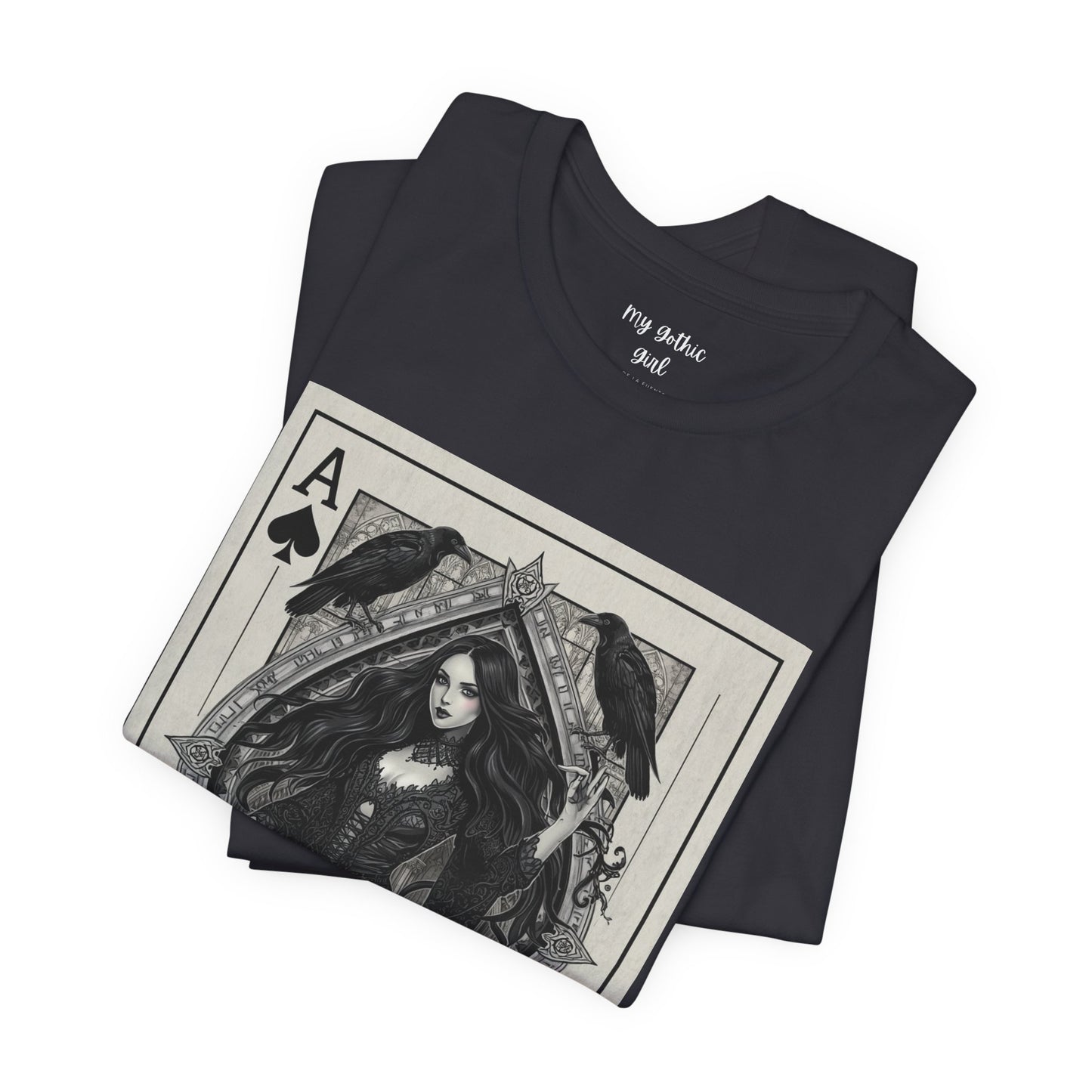 Ace of Spades Gothic Playing Card T‑Shirt — Dark Victorian Witch Illustration