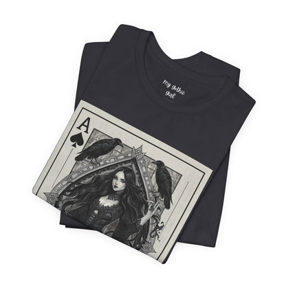 Ace of Spades Gothic Playing Card T‑Shirt — Dark Victorian Witch Illustration