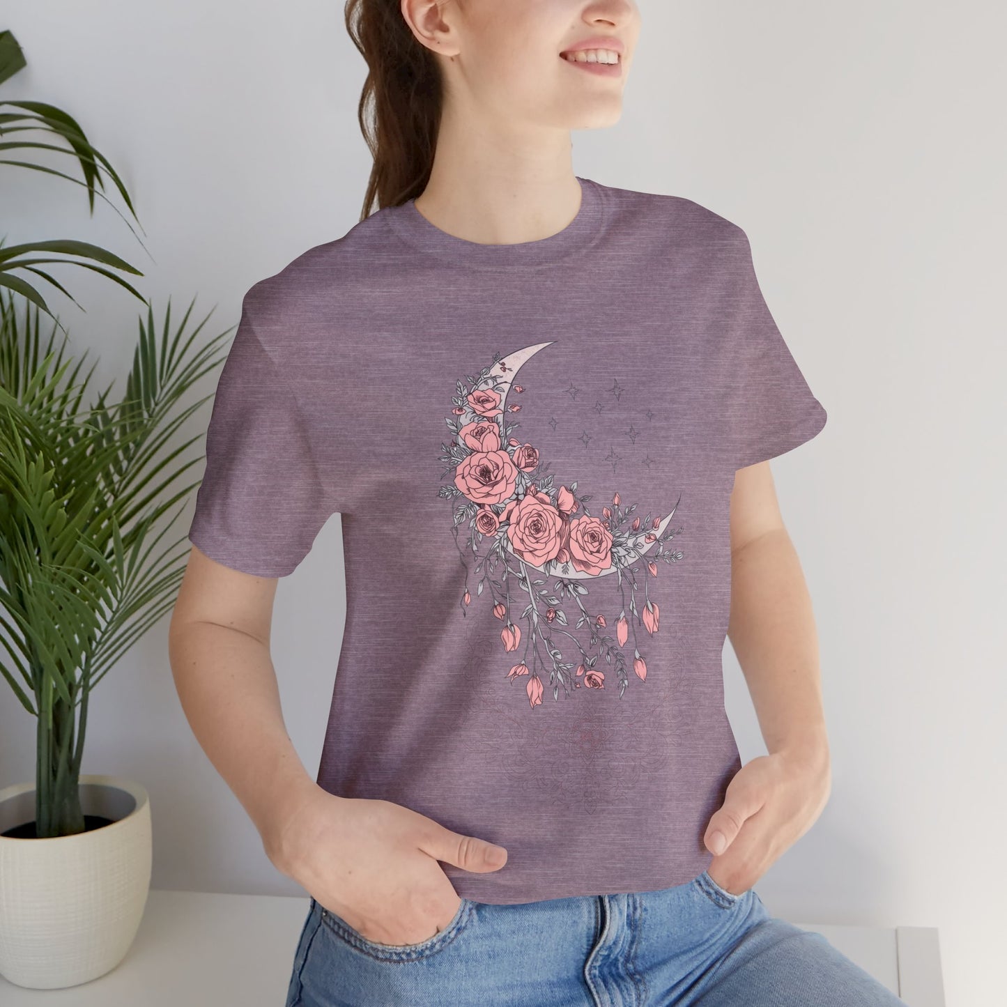 Celestial Goth Crescent Moon Tee with Dripping Florals – Mystic Graphic Art
